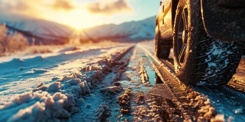 A detailed shot of a tire on a snowy road. Perfect for winter driving safety articles and car maintenance blogs - obrazy, fototapety, plakaty