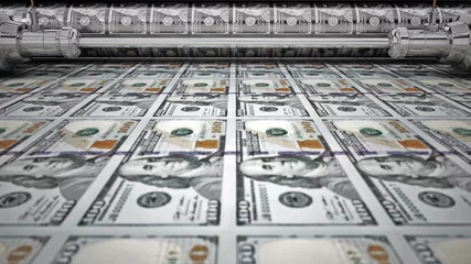 Foto op Plexiglas Money printing machine printing 100 dollar banknotes. 3D illustration © Destina