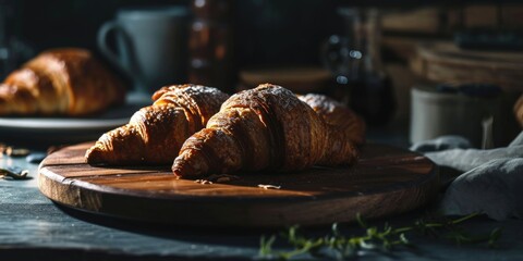 A pair of delicious croissants resting on a rustic wooden cutting board. Perfect for food and...