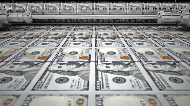 Money printing machine printing 100 dollar banknotes. 3D illustration