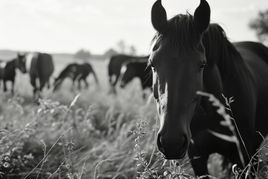A black and white photograph of a horse in a field. Suitable for various uses