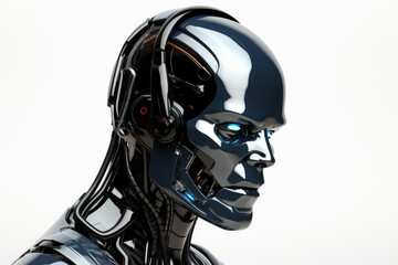 A cyber black robot face isolated on a white background, glowing blue eyes