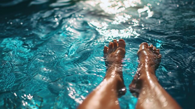 A person standing in a pool with their feet submerged in the water. This image can be used to depict relaxation, summertime, or enjoying a refreshing swim