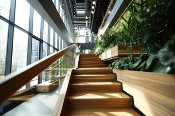 Wooden stairs in a building. Perfect for architectural projects and interior design concepts