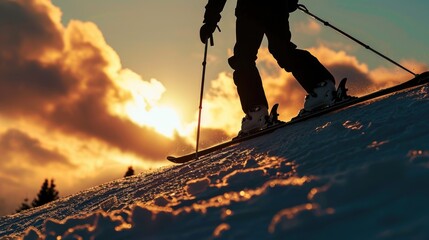 A person riding skis down a snow-covered slope. Perfect for winter sports and adventure themes