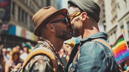 LGBT pride. Happy male couple at the LGBT parade. Freedom of love and diversity - obrazy, fototapety, plakaty