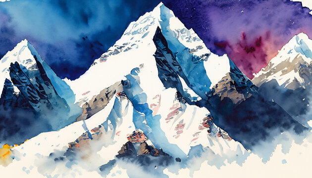 Big mountain ridge covered with snow. Watercolor hand drawn illustration in blue and grey colors realistic cartoon style. Concept of tourism, climbing, alpinism, camping, skiing, natural landscape