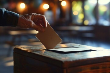 A person placing their voting card into a wooden box. This image can be used to represent the act of voting or participating in an election