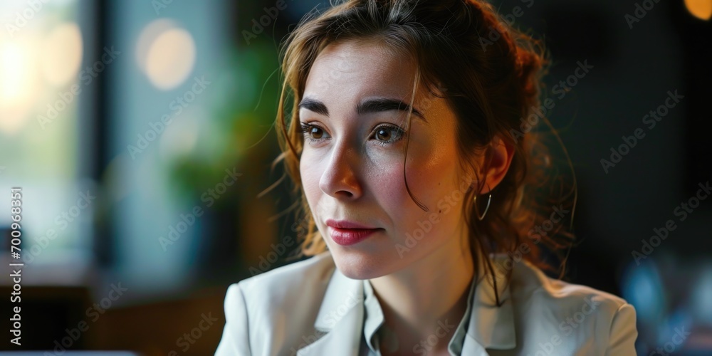 Poster a woman sitting at a table with a cell phone in her hand. this image can be used to depict modern co