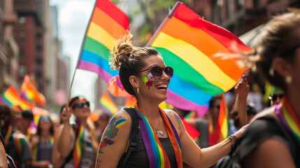 LGBT pride. Happy female at the LGBT parade. Freedom of love and diversity