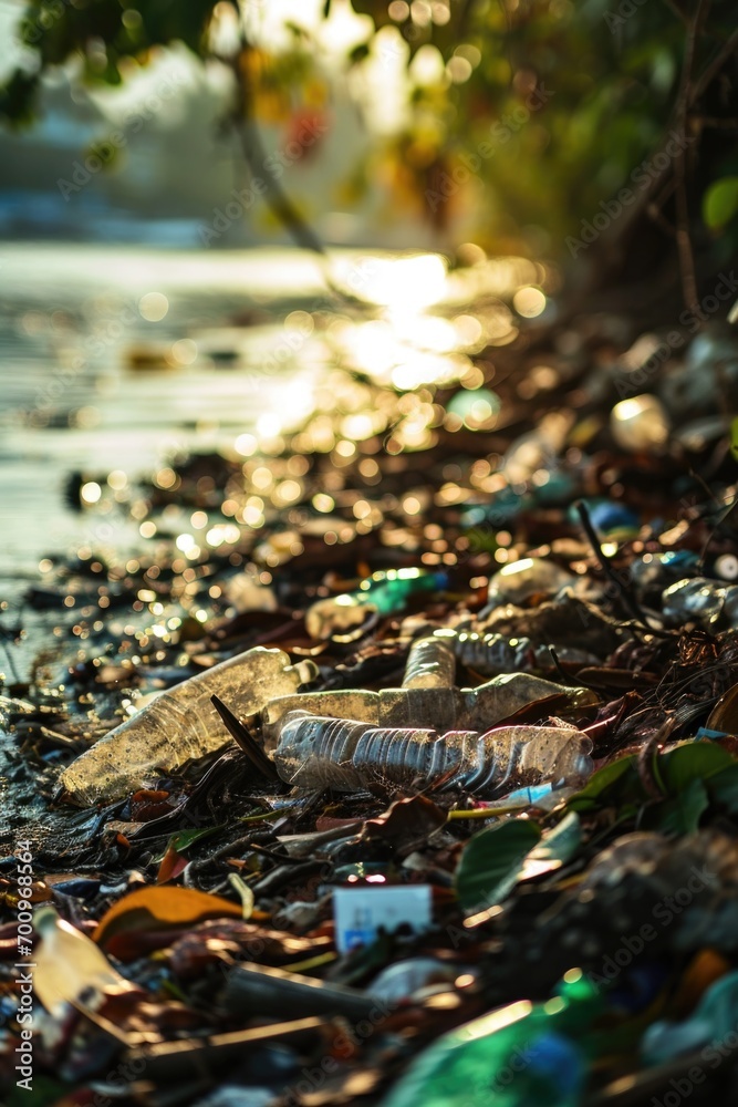 Poster a picture of a beach with a significant amount of trash scattered around. suitable for environmental