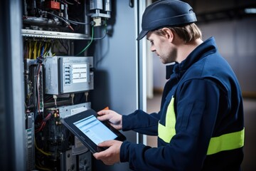 engineering man with tablet for repair, maintenance and technical inspection. Industrial, electrician and male worker in digital technology - obrazy, fototapety, plakaty