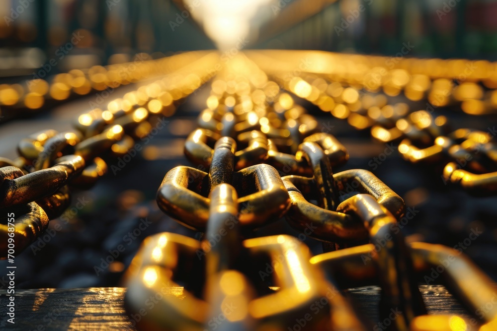 Poster A detailed view of multiple chains tightly secured on a rail. Can be used to depict security, strength, or confinement.