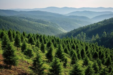 Fototapeta na wymiar Embracing the serene expanse, verdant pine trees carpet rolling hills under a hazy, tranquil sky