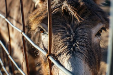 A close up view of a donkey behind a fence. Can be used to depict farm animals or rural scenes