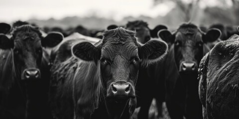 Naklejka premium A group of cows standing in close proximity to each other. This image can be used to depict unity, teamwork, or a peaceful countryside scene