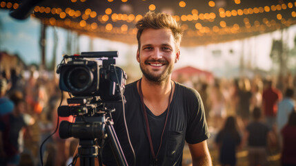 Videographer working at music festival, filming bright performances of artists - obrazy, fototapety, plakaty