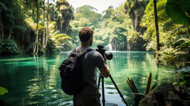 Videographer filming a report on a trip to exotic countries.