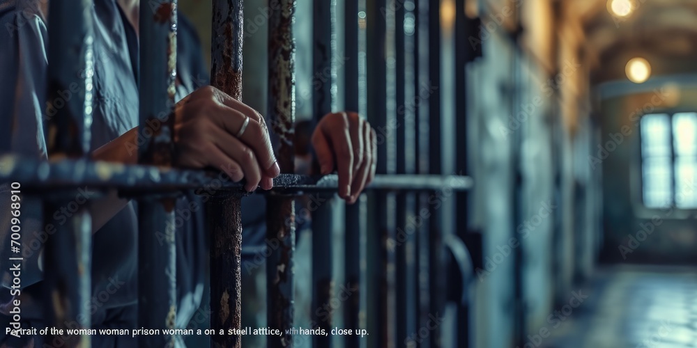 Poster a person standing behind bars in a jail cell. suitable for crime and punishment concepts