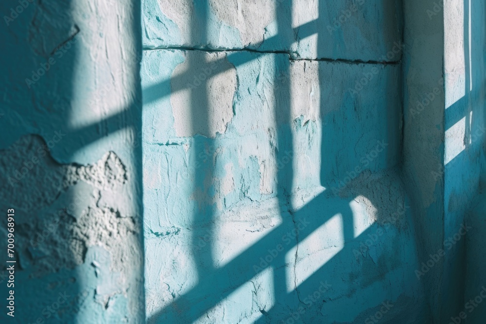 Poster a shadow of a window cast on a blue wall. can be used to depict interior design, architecture, or co