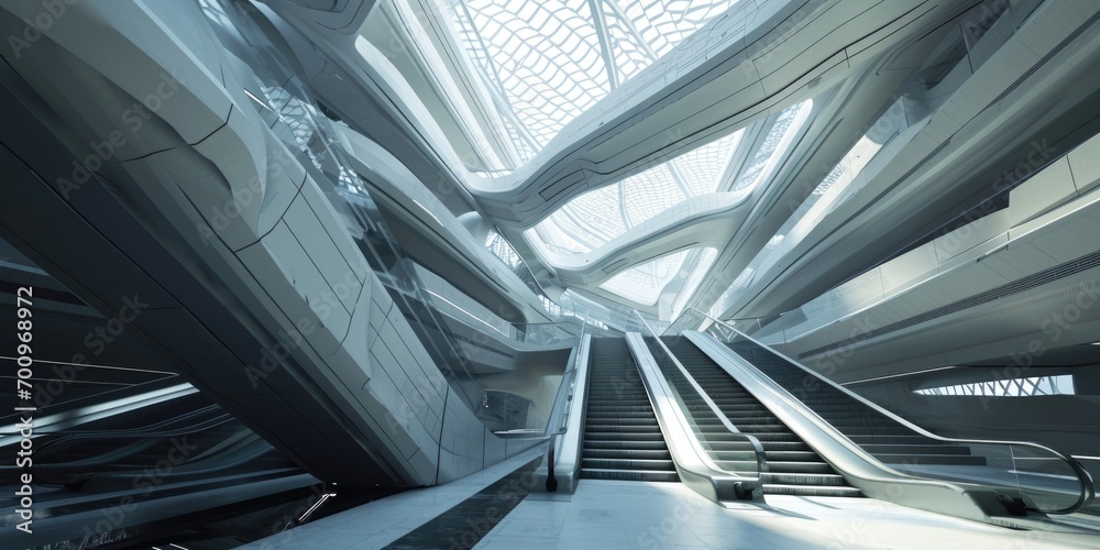 Poster An escalator in a building with a skylight above it. Perfect for architectural design concepts and urban transportation themes