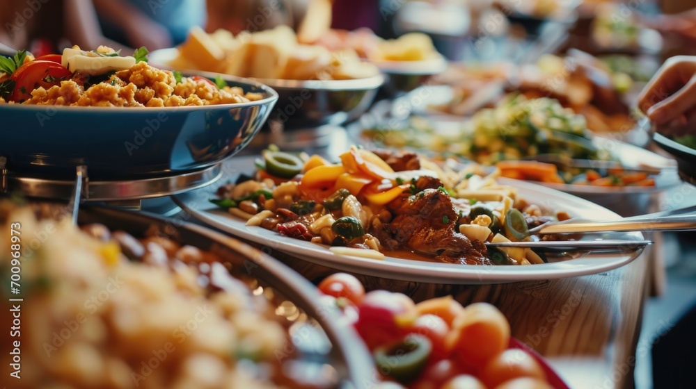 Poster a table adorned with an assortment of plates and bowls filled with delicious food. perfect for showc