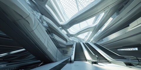 An escalator in a building with a skylight above it. Perfect for architectural design concepts and urban transportation themes