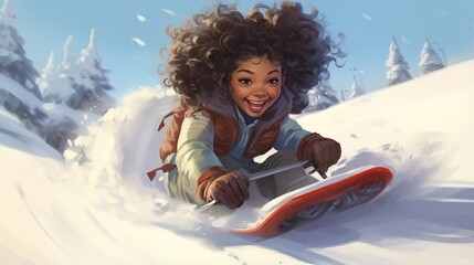 Joyful child sledding in snowy landscape - obrazy, fototapety, plakaty