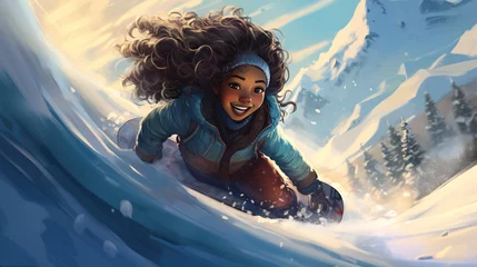 Fotobehang Girl's exhilarating sled ride in winter wonderland © miriam artgraphy