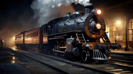 An old steam locomotive at the station, ready to depart - obrazy, fototapety, plakaty