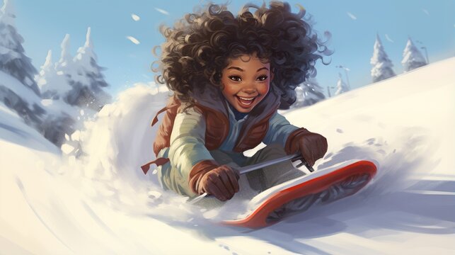 Joyful child sledding in snowy landscape