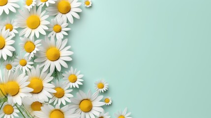 Mint background with chamomile frame and copy space. Flat layer, top view. - obrazy, fototapety, plakaty