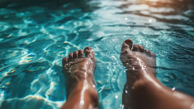 A person standing in a pool, with their feet immersed in the water. This image can be used to depict relaxation, summer activities, or enjoying a refreshing swim