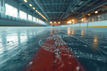 A hockey rink with a red line painted on it. This image can be used to depict a hockey game or sports-related content