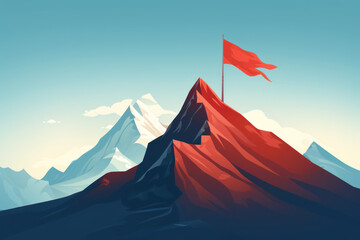 Flat design illustration of red flag on top mountain. Success and achievement background