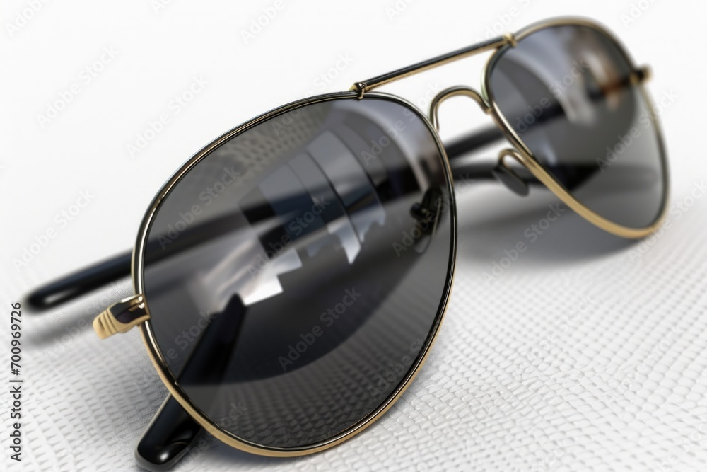 Poster Pair of sunglasses placed on a white surface. Versatile image suitable for various concepts and themes