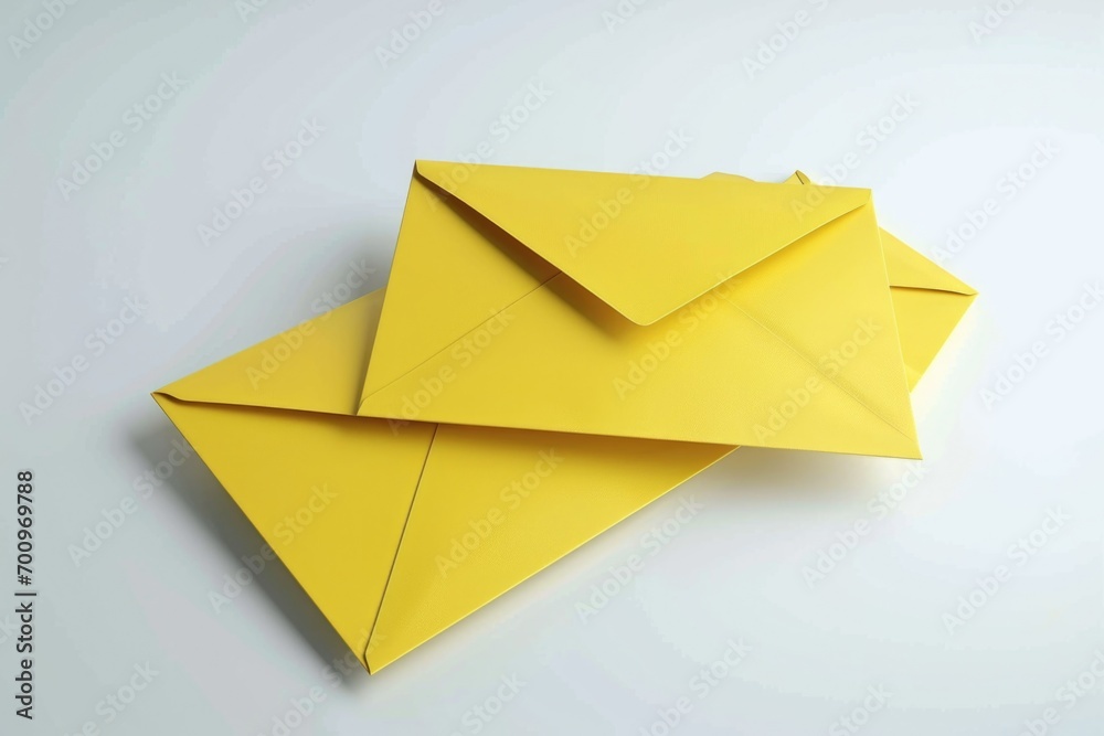 Poster A pile of yellow envelopes stacked on top of each other. Versatile image suitable for various business and communication concepts