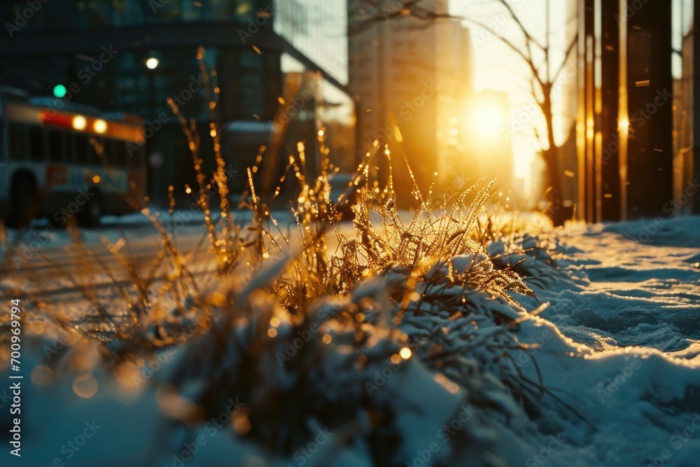 Poster Sun setting behind the grass on the side of the road. Ideal for nature, landscape, and travel concepts