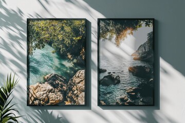 Two framed pictures hanging on a wall next to a plant. Can be used for interior design or home decor projects