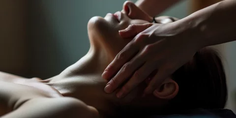 Poster Massagesalon A woman receiving a relaxing massage at a spa. Perfect for promoting self-care and wellness