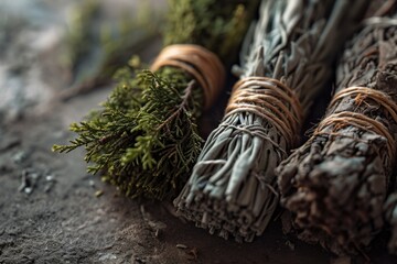 A collection of sage sticks and a bundle of pine needles. Perfect for aromatherapy, home decor, and spiritual practices - obrazy, fototapety, plakaty