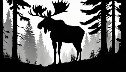 Moose in forest, silhouette on white background