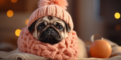 shy cute pug in a peach-colored hat and scarf against a background of orange, banner, copy space