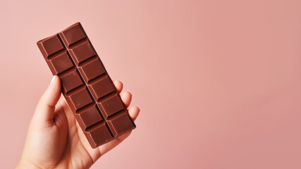 Hand holding bar of chocolate isolated on pastel background