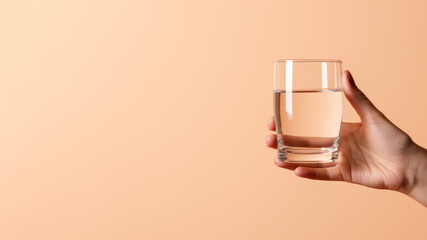 Hand holding a glass of water isolated on pastel background