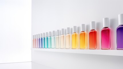 Small glass bottles with various colors of perfume. On clean white background.