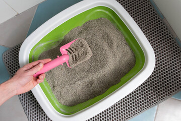 Feline Care Routine: cat owner hand cleaning a cat kitty litter box by scooping litter clumps.