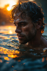 Aquatic Serenity: Portrait of Attractive, Muscular Man Enjoying Submerged Freedom