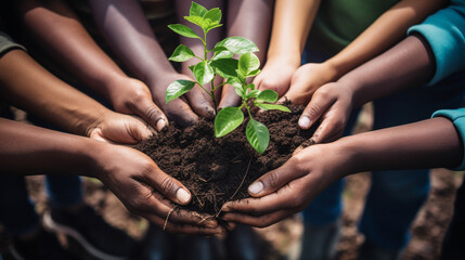 Growing a greener business. Shot of a group of hands holding a plant growing out of soil - obrazy, fototapety, plakaty
