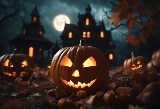 Halloween background with pumpkins and haunted house - 3D render Halloween background with Evil Pumpkin